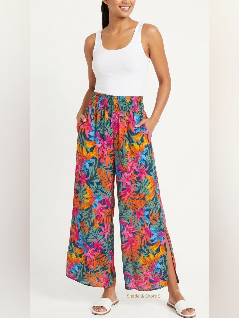 Shade & Shore Tropical Womens Smocked High Waist Wide Leg Cover Up Pants Small